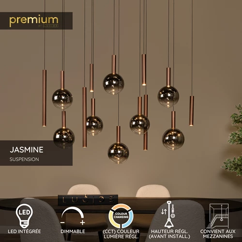 Lucide JASMINE - Suspension - LED Dim. - CCT - 14x4,4W 2200K/3300K - Convient aux mezzanines et plafonds hauts - Cuivre | Premium - USP